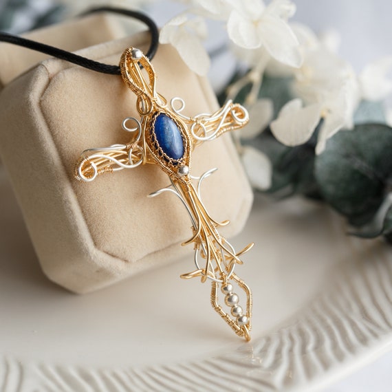 Blue Kyanite Believer Cross Pendant Necklace