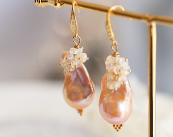 Sylvia Golden Orange Baroque Pearls Opal Cluster Earrings