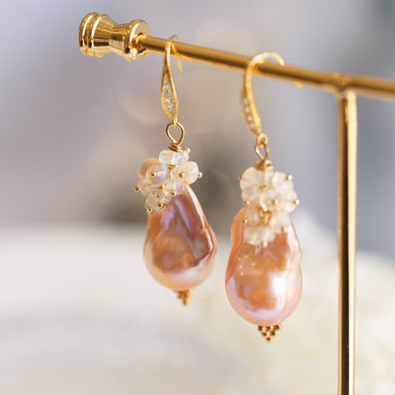 Sylvia Golden Orange Baroque Pearls Opal Cluster Earrings