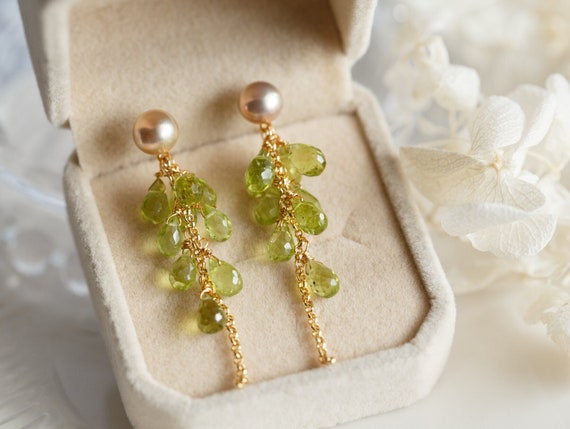 Pearl & Peridot Rainforest Fern Cluster Drop Earrings
