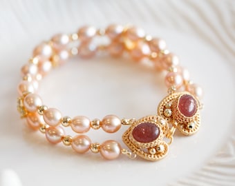 Strawberry Quartz & Multi-Strand Pearl Bracelet