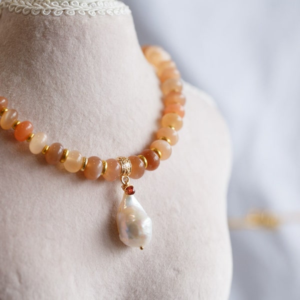 Lorelei Orange Moonstone Pearl Pendant Necklace