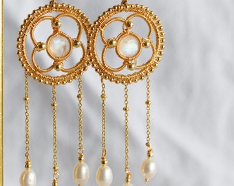 Rainbow Moonstone Dream Catcher Tassel Earrings