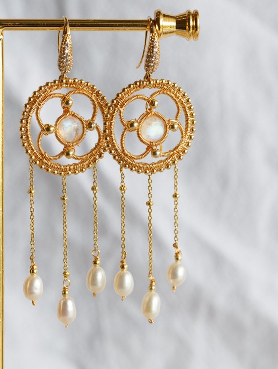 Rainbow Moonstone Dream Catcher Tassel Earrings