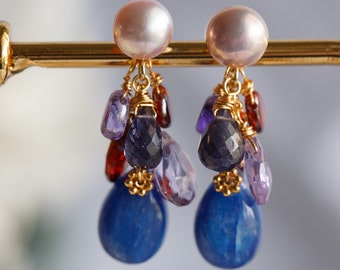 Blue Kyanite & Indigo Purple Magenta Gemstone Cluster Earrings