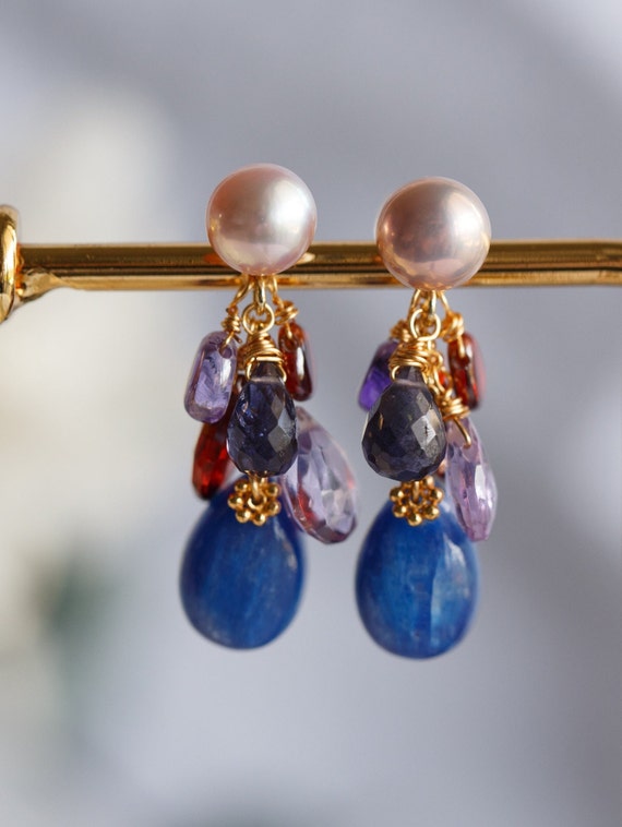 Blue Kyanite & Indigo Purple Magenta Gemstone Cluster Earrings
