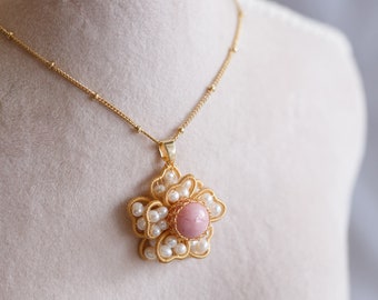 Dalia Natural Rhodonite Flower Pendant Necklace