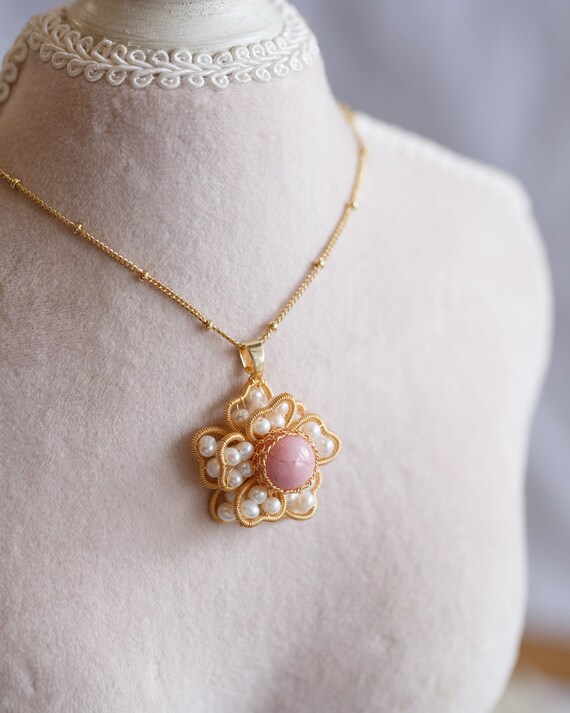 Dalia Natural Rhodonite Flower Pendant Necklace