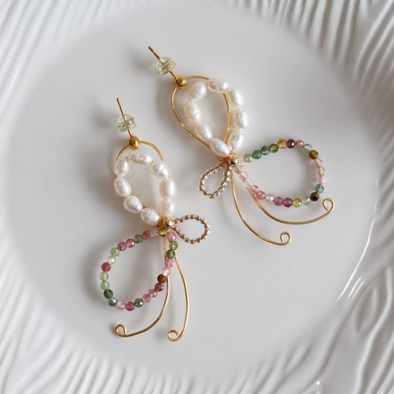 Sky Tourmaline & Pearl Butterfly Earrings