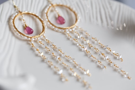 Violet Pink Ruby Quartz Tassel Earrings