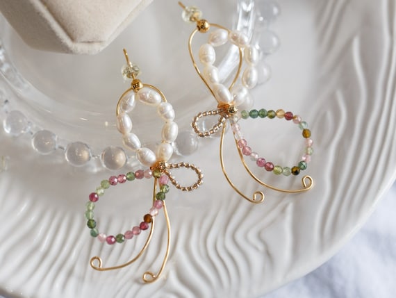 Sky Tourmaline & Pearl Butterfly Earrings