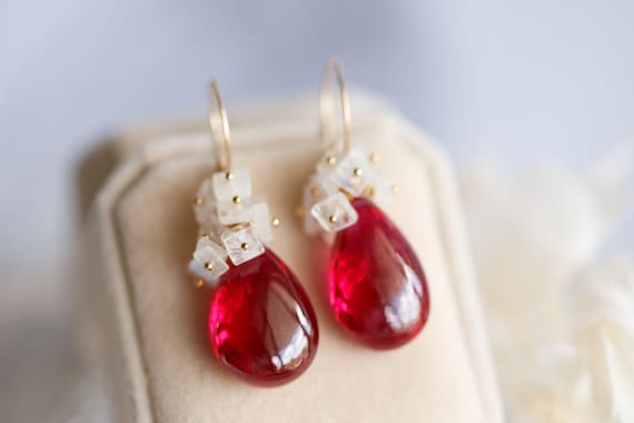 Red Corundum & Moonstone Cluster Drop Earrings