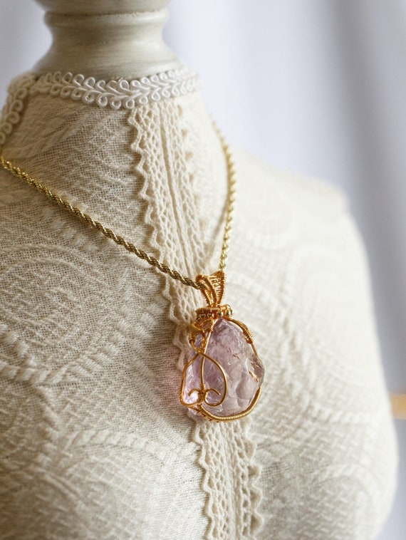 February Stone Raw Amethyst Gold Wire Pendant Necklace