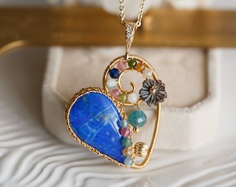Lapis Lazuli Gold Wire Heart Pendant Necklace
