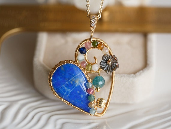Lapis Lazuli Gold Wire Heart Pendant Necklace