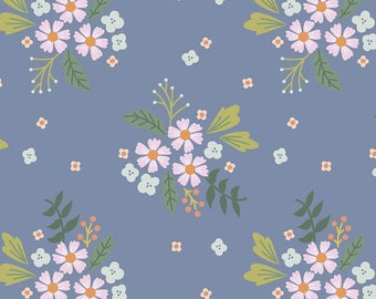 Blue Main Floral Community Fabric Yardage, Sold by Half-Yard Cuts, Citrus & Mint for Riley Blake, Summer Spring Violet Flower Bouquet