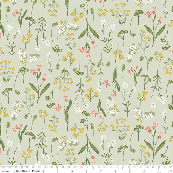 Sanddollar Beige Sprigs Floral Wildflower Tea with Bea Fabric Print, Katherine Lenius Riley Blake, Fabric Yardage Cut in Half-Yd Increments