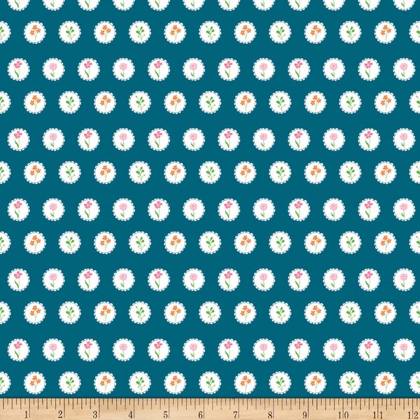 Navy Circles Fabric Yardage, Play Outside by Gracey Larson for Riley Blakez, Sold by Half-Yard Cuts, Spring Orange Pink Floral