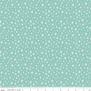 May include: A seamless pattern of white stars on a light blue background. The stars are of various sizes and shapes, creating a whimsical and festive design.