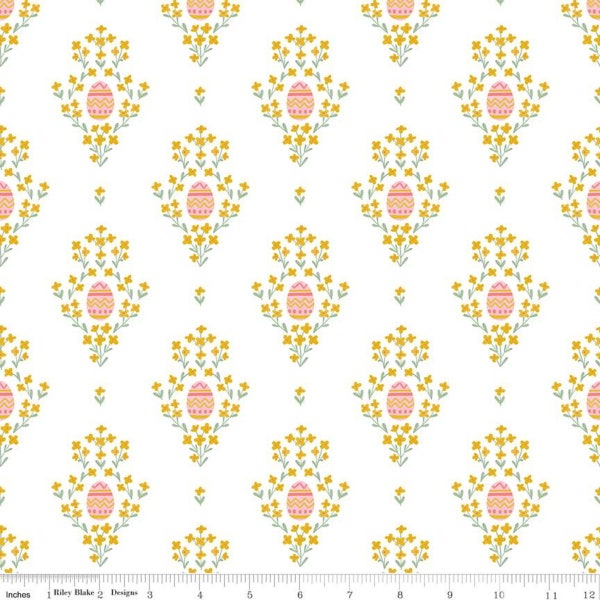 White Egg Easter Egg Hunt Fabric Yardage, Half Yard Cut, Natàlia Juan Abelló for Riley Blake Designs, Rabbit Carrot Pastel Faberge Yellow