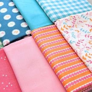 8 pc QY/FQ/HY Play Outside Fabric Bundle, Curated from Assorted Designers, Spring Summer Picnic Gingham Garden Party Orange Blue