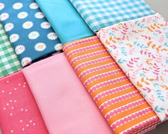 8 pc QY/FQ/HY Play Outside Fabric Bundle, Curated from Assorted Designers, Spring Summer Picnic Gingham Garden Party Orange Blue