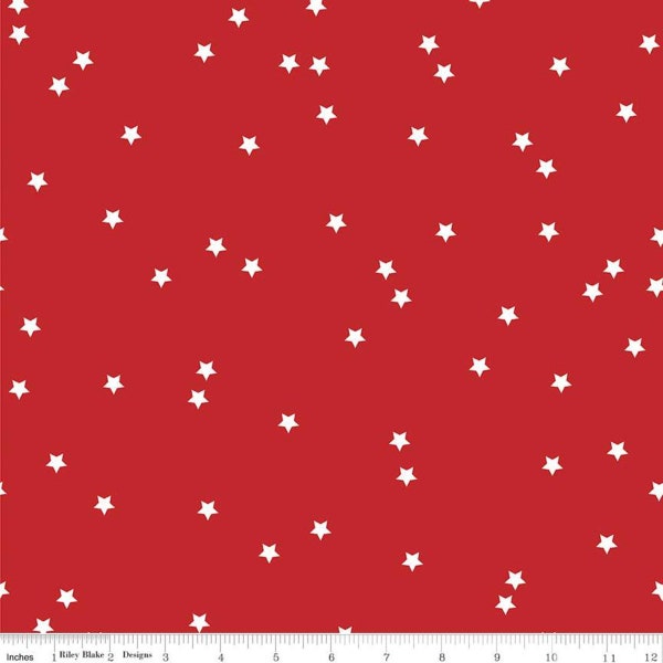 Deep Blue Sea Red Stars Print, Jen Allyson for Riley Blake, Fabric Yardage Cut in Half-Yard Increments, Nautical Patriotic Basics Star