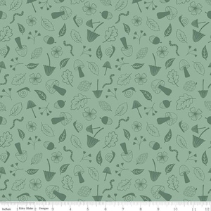 Foraging Sage Green Forest Village Fabric Yardage, Sold by Half Yard, Little Forest Atelier, Outdoor Camper Mushroom Woodland Snail Pinecone