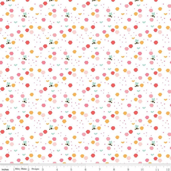 Beehive White Strawberry Honey Fabric Yardage, Half-Yd Cut, Gracey Larson for RBD, Summer Picnic Wildflower Bee Berry Low Volume Pink Yellow