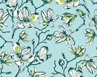 Garden Party Blue Magnolia Floral Fabric Yardage, Keera Job for Riley Blake Designs, Cut in Half-Yd Increments, Aqua Magnolia Flower Fabric
