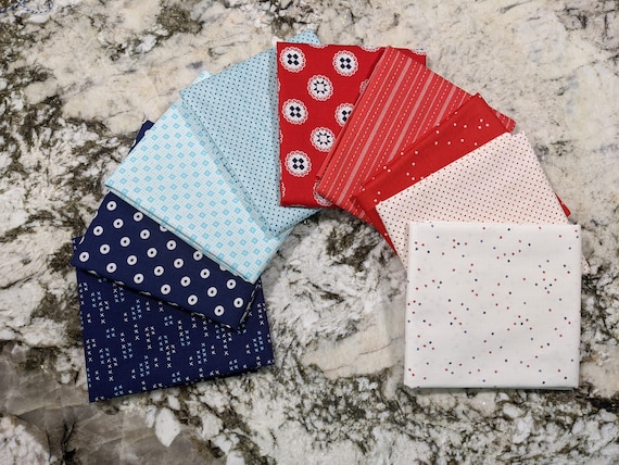 9 FE/FQ/HY Uncle Sam Patriotic Bundle, 9 Fat Eighth, Fat Quarter, or Half Yard Cut, Riley Blake Design fabrics, Precut, Red White Blue Stars