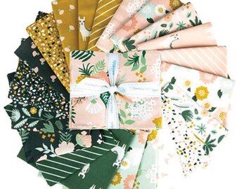 21pc FE/FQ/QY/Hy Hibiscus Fabric Bundle, Fat Eighth/Fat Quarter/Quarter Yd/Half Yd Cut, Simple Simon & Co, Jungle tropical alpaca green gold