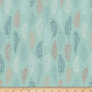 Dream Weaver Green Feather Print, Fabric Yardage Cut in Half-Yard Increments, Amanda Castor for Riley Blake, Aqua  Teal Feather Fall Fabric