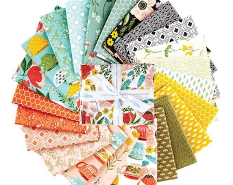 24pc FE/FQ/QY/Hy Tea with Bea Fabric Bundle, Katherine Lenius for Riley Blake, Honeybee Wildflower Floral Geometric Honeycomb Tea Cup