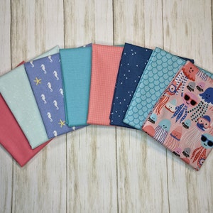 8 FE/FQ/HY Underwater Friends Bundle 8 pcs, Precut Fabric Assorted Designers, Mermaid Scales Sparkle Seahorse Jellyfish Fabric