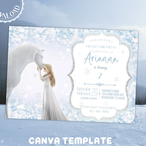 Frozen birthday invitation, Elsa party invite, canva template digital download kids instant access editable invitation