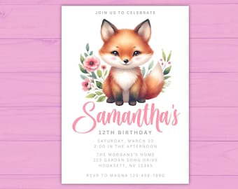 May include: A printable invitation for a 12th birthday party featuring a cute cartoon fox with pink flowers. The invitation says "Samantha's 12th Birthday" and includes the date, time, location, and RSVP information.