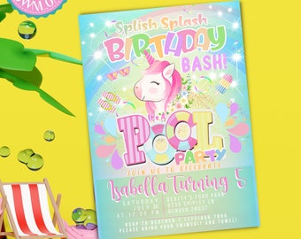 Unicorn Pool Party Invitation, Splish Splash, Editable Canva (Digital Download