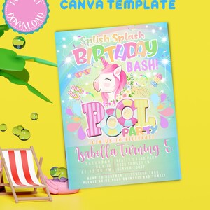 Einhorn Pool-Party-Einladung, Einhorn Pool Party Einladung, Einhorn Pool Float Splish Splash Pool Party Bash Sofortiger Download bearbeitbare Canva