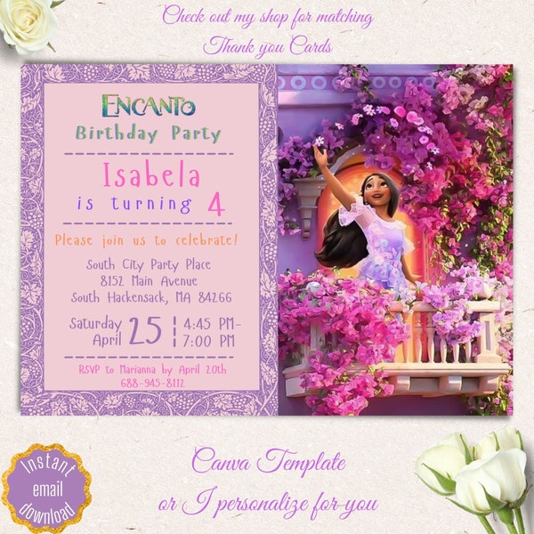 Editable encanto birthday invitation, isabella balcony encanto invite digital download, canva template print isabella party