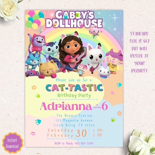 Gabbys Puppenhaus Regenbogen Geburtstagseinladung, bearbeitbare digitale Vorlage, Canva, Gabby Party einladen