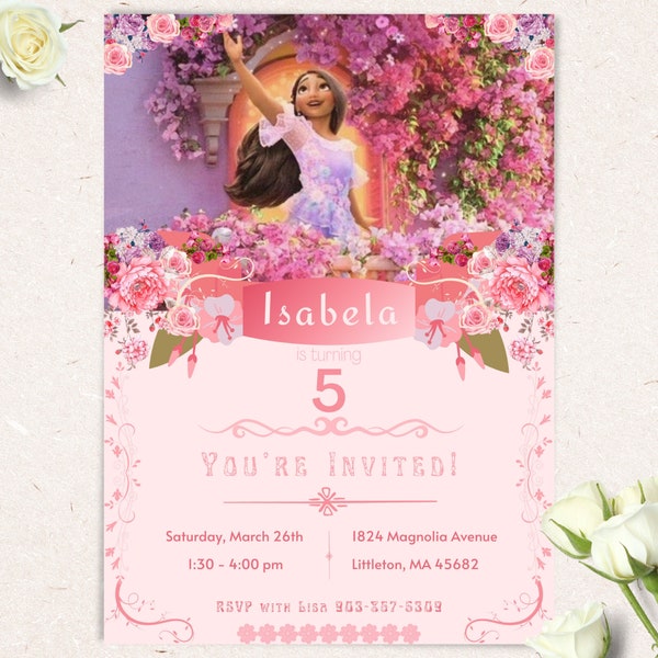 floral pink Encanto birthday invitation, isabella on balcony encanto invite, digital download canva template print isabella party