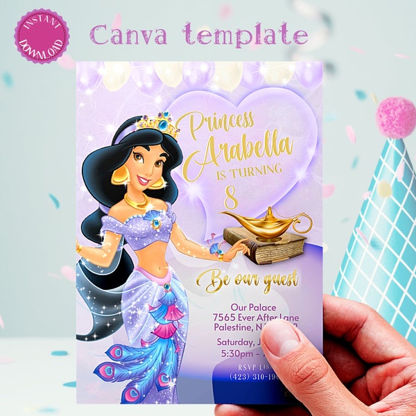 Princess Jasmine Pamper Birthday invitation, Aladdin invite digital invitation download canva template party supplies card royal invite