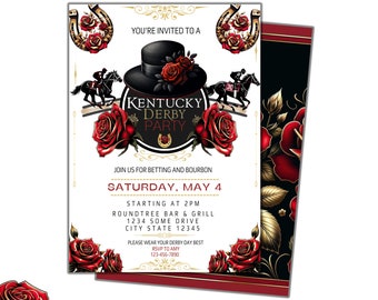 Puede incluir: Una invitación a una fiesta del Derby de Kentucky con un diseño de herradura negro y dorado, rosas rojas y un sombrero de copa negro con rosas rojas. El texto dice "You're invited to a Kentucky Derby Party" y "Join us for betting and bourbon". La fecha es el sábado 4 de mayo, comenzando a las 2 PM en Roundtree Bar & Grill, 1234 Some Drive, City State 12345. Por favor, use su mejor atuendo para el Día del Derby. RSVP a Amy 123-456-7890.