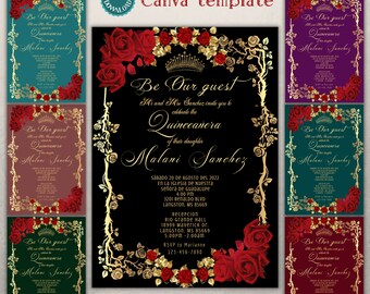 May include: A Quinceañera invitation template with a black background, gold accents, and red roses. The text reads "Be Our Guest" and "Malani Sanchez".