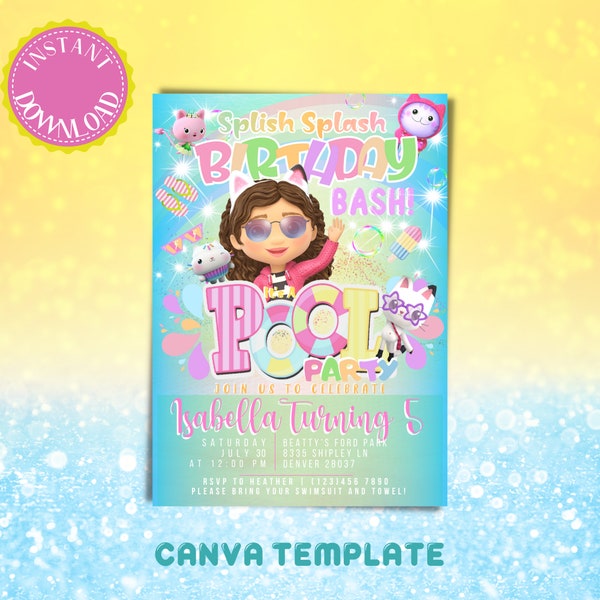 Gabbys Dollhouse pool party birthday invitation, pool party invite digital download, invitations canva template party supplies school out