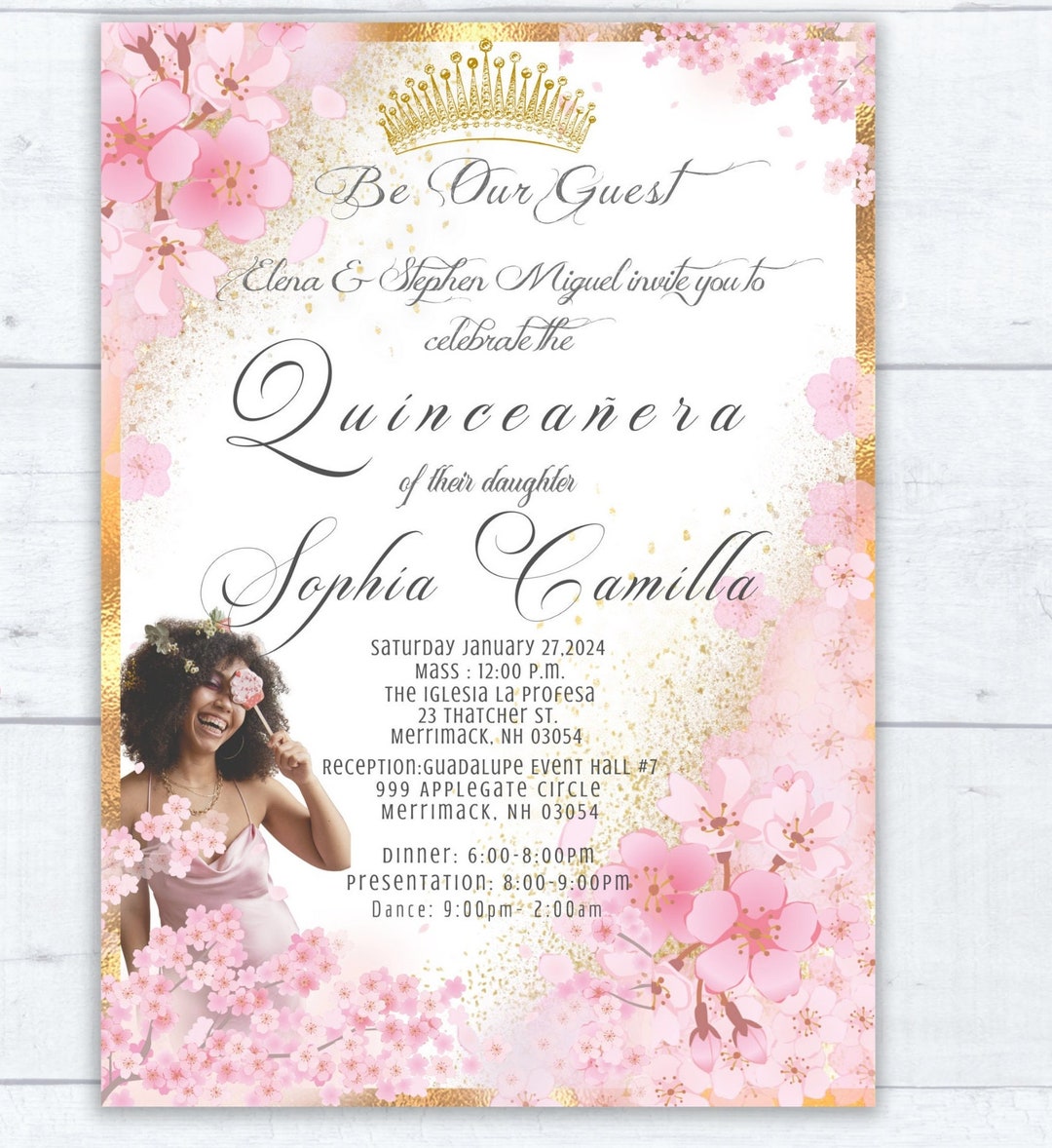 Editable Rose Gold and Gold Cherry Blossom Invite With Photo, Mis