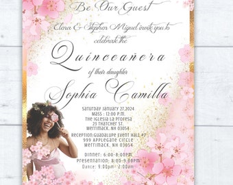 May include: Pink and gold Quinceañera invitation with a photo of a young woman wearing a pink dress and a crown. The invitation includes the text "Be Our Guest", "Elena & Stephen Miguel invite you to celebrate the Quinceañera of their daughter Sophia Camilla", and the date and time of the event.
