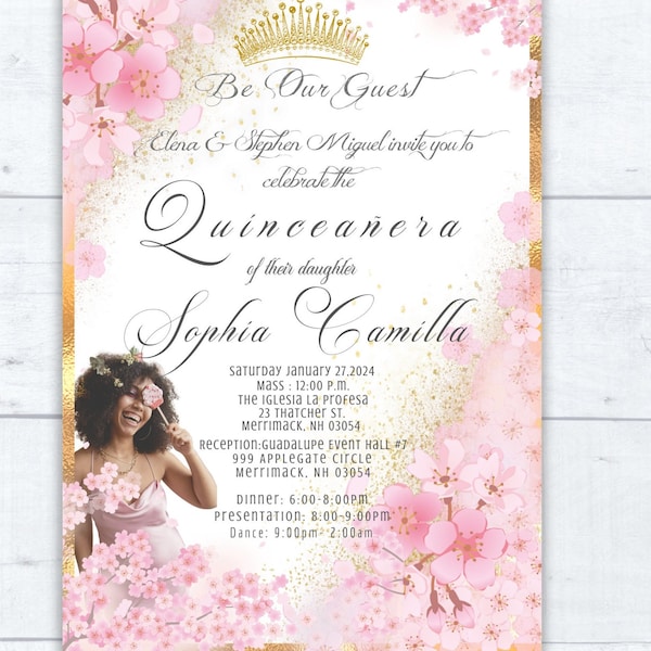 editable rose gold and gold cherry blossom invite with photo, Mis Quince 15 Anos Birthday,  15th birthday sign, quinceanera invitation