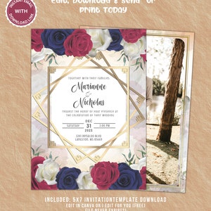burgundy and navy floral wedding invitation, blue and red rose wedding, Editable Templates, Floral wedding suite, Instant Download Canva